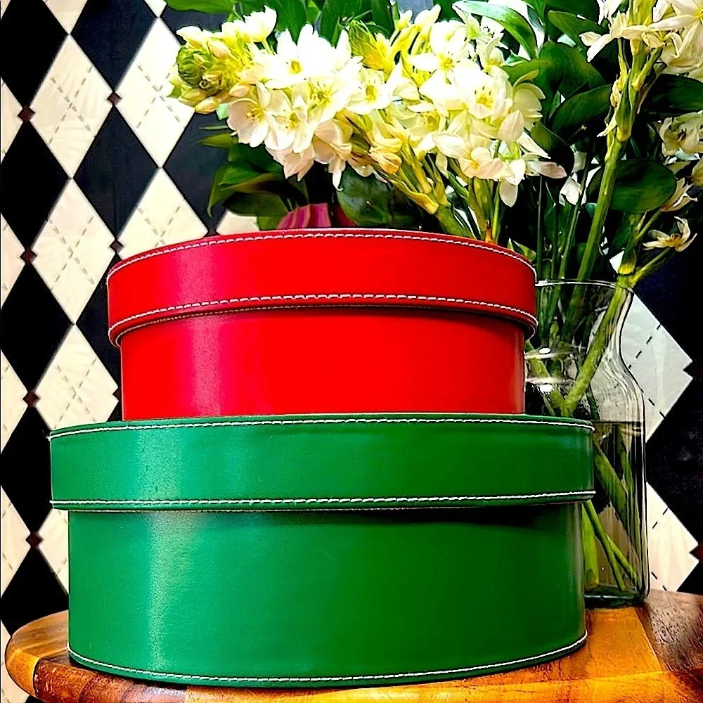 Nesting Leather Boxes Set of 2 – Red & Green – Cylindrical Storage -‎ Large